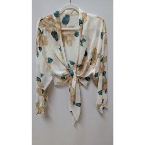 Ivory Floral Long-Sleeve Tie-Front Sheer Overpiece